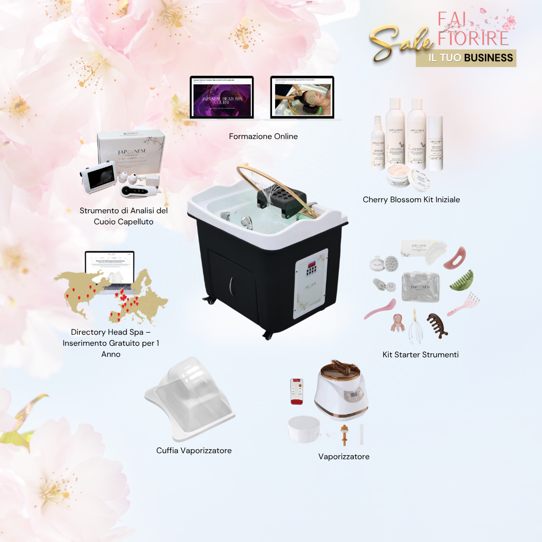 134 SALDI DI PRIMAVERA: Pacchetto Japanese Head Spa Nera Ibrida Rettangolare con Formazione Online